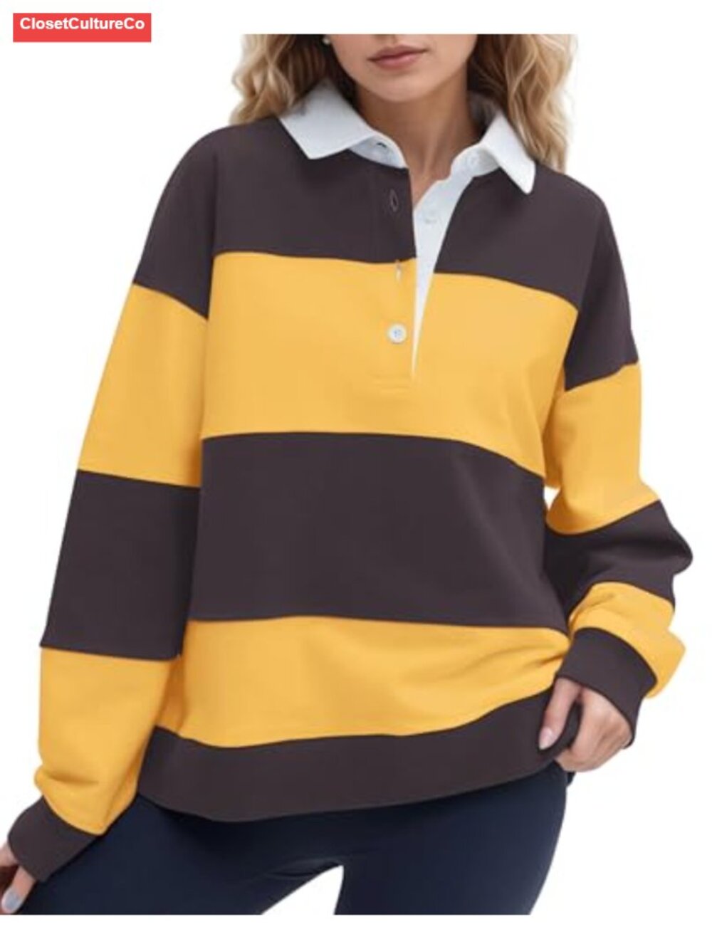 Womens Striped Polo Sweatshirt Oversized Long Sleeve Button Collar Rugby
